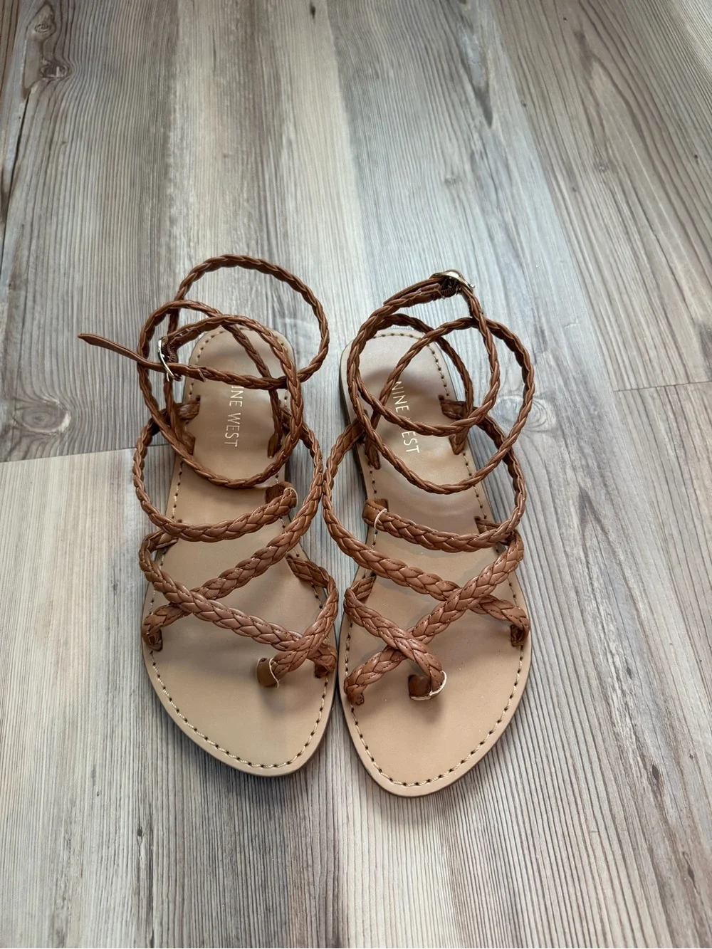 Nine West Tan Braided Leather Wrap Sandals